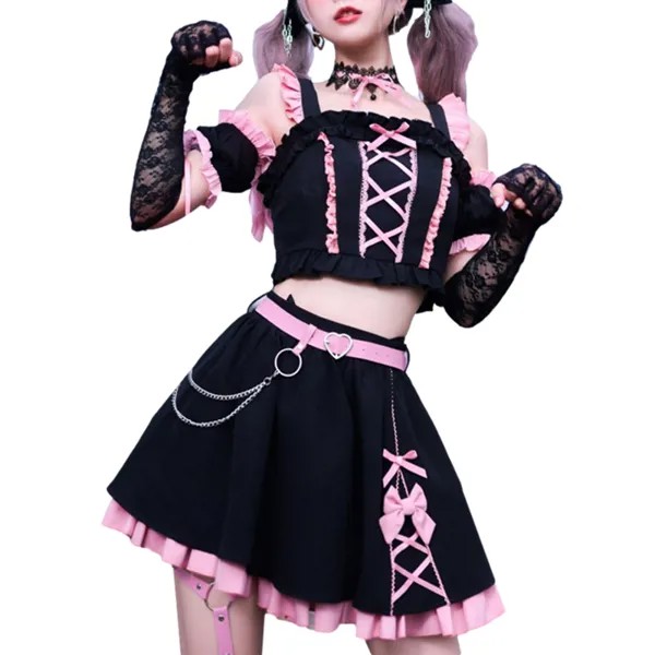 Комплект для девочек Harajuku Lolita, юбка, укороченный топ, готический аниме, косплей, Милая Кружевная Японская уличная мини-юбка с оборками