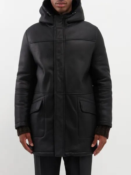Кожаное пальто с капюшоном на подкладке из овчины Yves Salomon, черный