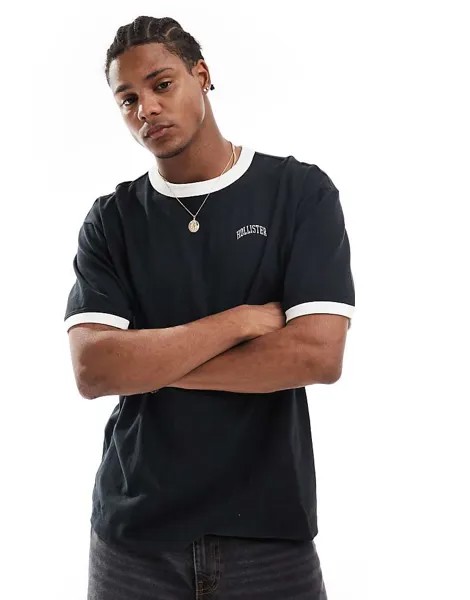 Черная/кремовая футболка свободного кроя с логотипом колледжа Hollister