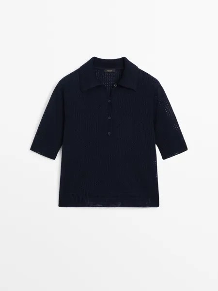 Свитер ришелье с воротником-поло Massimo Dutti, синий