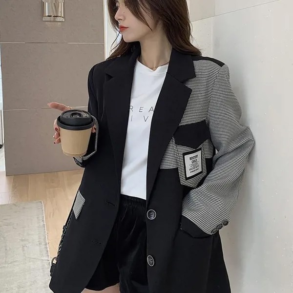 Клетчатый пэчворк Костюм Куртка для женского пальто Весенняя корейская модная одежда