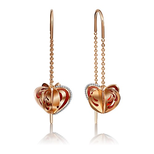 Серьги цепочки PLATINA, красное золото, 585 проба, эмаль, золотой