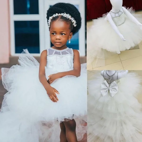 Кружевные платья для девочек с кристаллами и цветами, прозрачное бальное платье с вырезом «Hi-Lo», тюлевые платья лилового цвета для детей на день рождения, наряды для свадьбы