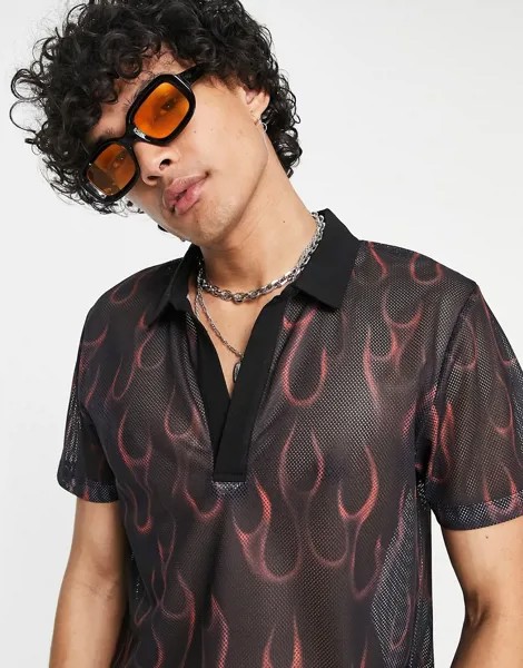 Сетчатая футболка-поло с принтом пламени ASOS DESIGN-Черный
