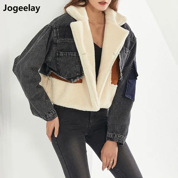 Джинсовая куртка Jogeelay для женщин, утепленная теплая шерстяная верхняя одежда, Зимняя парка, пальто, длинная плюшевая куртка в стиле пэчворк