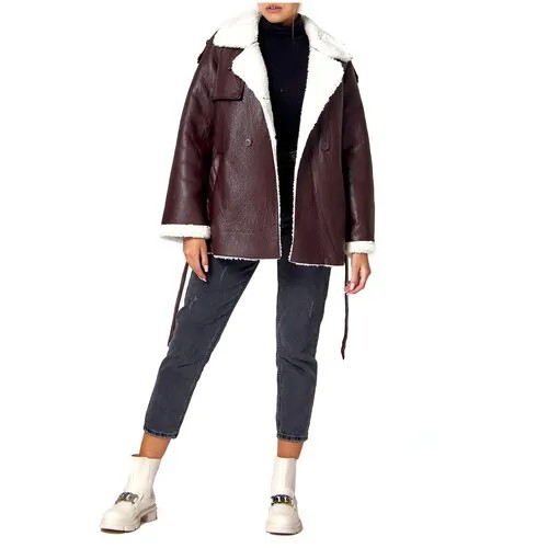 Куртка MTFORCE, овчина, средней длины, силуэт прямой, пояс/ремень, размер 44, коричневый