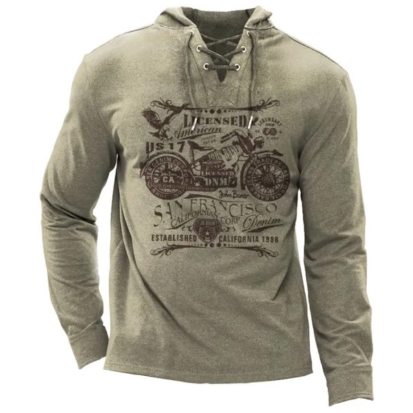 Мужская ретро мотоциклетная дорожная поездка на шнуровке удобная мягкая футболка с капюшоном Henley с длинными рукавами