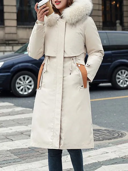 Milanoo Puffer Coats For Women Ecru White Wind Proof Hooded Zipper Long Sleeves Color Block Drawstri