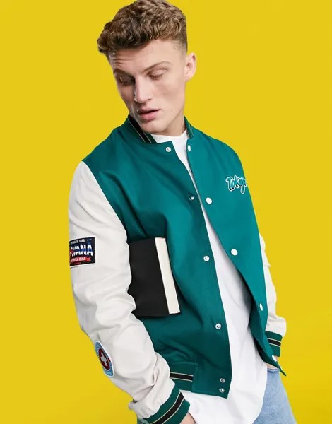 Зеленый хлопковый oversized-бомбер с вышивкой в университетском стиле ASOS DESIGN-Зеленый цвет
