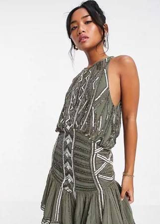 Декорированное платье-мини с ассиметричным подолом и высоким воротом ASOS DESIGN Petite-Коричневый цвет