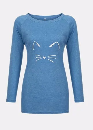 Свободная повседневная футболка с длинным рукавом и круглым вырезом с принтом кота для Женское