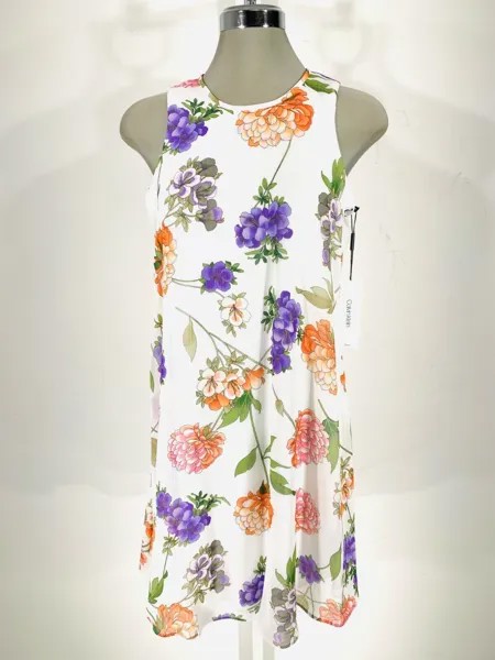 Calvin Klein NWT Элегантное шифоновое платье КРЕМОВОГО/СИРЕНЕВОГО цвета с трапецией и цветочным принтом, размер 2