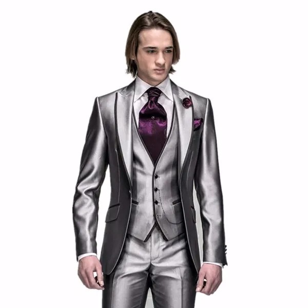 2020 последние серебряные мужские костюмы для свадебных выпускных платьев, свадебные костюмы, вечерний костюм, вечерний костюм, одежда для жениха, 3 предмета (пиджак + штаны + жилет)