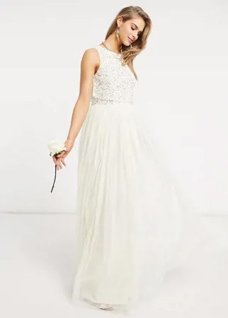 Свадебное платье макси 2 в 1 из тюля цвета экрю с отделкой пайетками в тон Maya Bridal-Белый