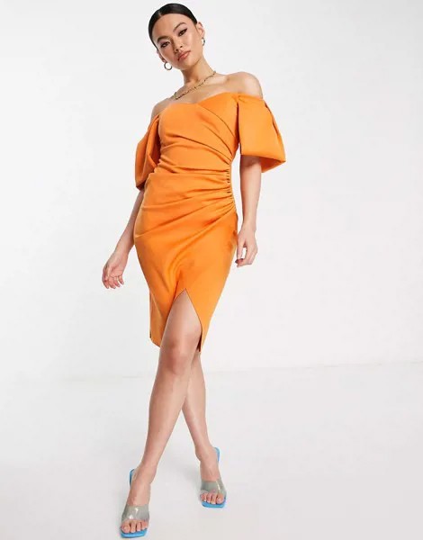 Оранжевое платье миди с вырезом сердечком, запахом на лифе и открытыми плечами ASOS DESIGN-Оранжевый цвет