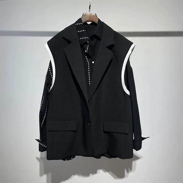 Мужской костюм осенний большой Темный модный Свободный жилет без рукавов Harajuku Корейский простой пиджак