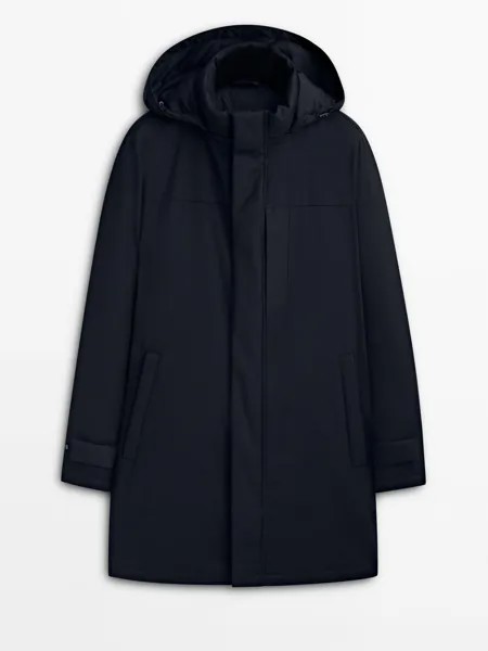 Пуховик Massimo Dutti Long Hooded With Down And Feather Padding, темно-синий