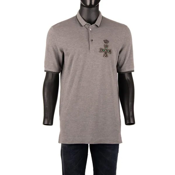 Хлопковая рубашка-поло DOLCE - GABBANA w. Кристаллы с вышивкой крестом Серый 48 M 11107