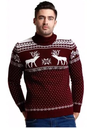 Шерстяной свитер с высоким горлом, скандинавский орнамент с Оленями, натуральная шерсть, темно-бордовый цвет, размер M