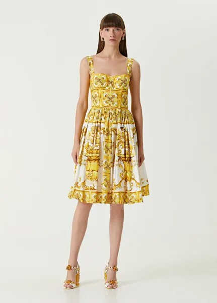 Платье миди из поплина с узором майолика Dolce&Gabbana, желтый