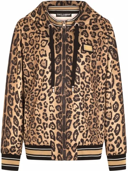 Dolce & Gabbana худи на молнии с леопардовым принтом, коричневый
