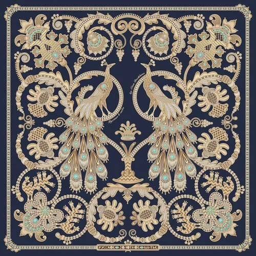 Платок Русские в моде by Nina Ruchkina,90х90 см, синий, золотой