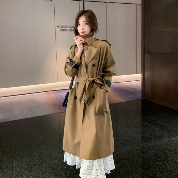 Женский Длинный Тренч с поясом Toppies, двубортная приталенная кофейная куртка, Корейская верхняя одежда, модная ветровка, весна 2021