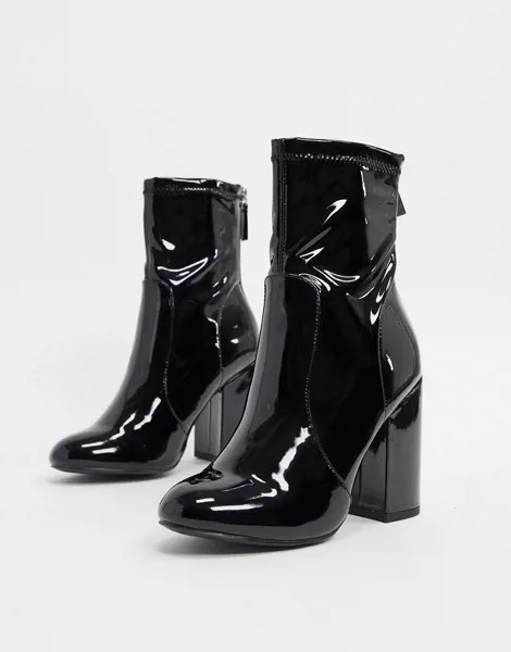 Черные лакированные ботильоны из искусственной кожи на каблуке New Look-Черный