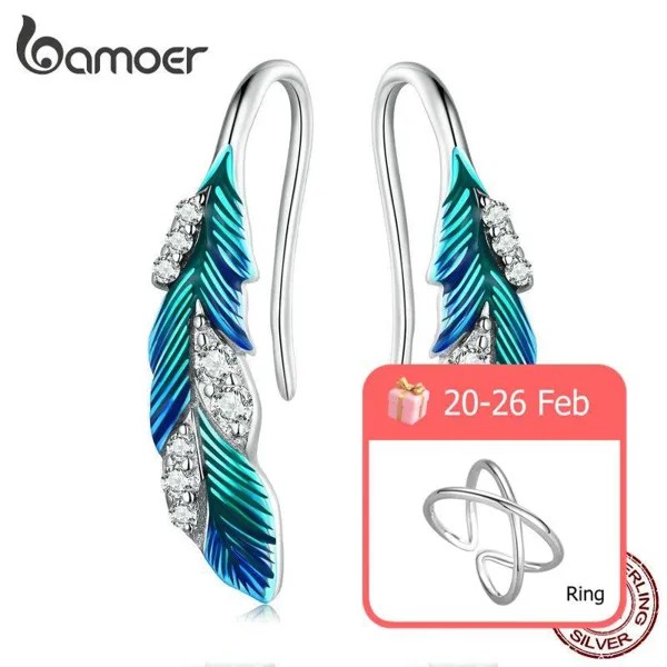 BAMOER 925 стерлингового серебра синие перья серьги Pave Setting CZ для женщин Подарок на день рождения Шикарный Ослепительный Тонкий Еврей