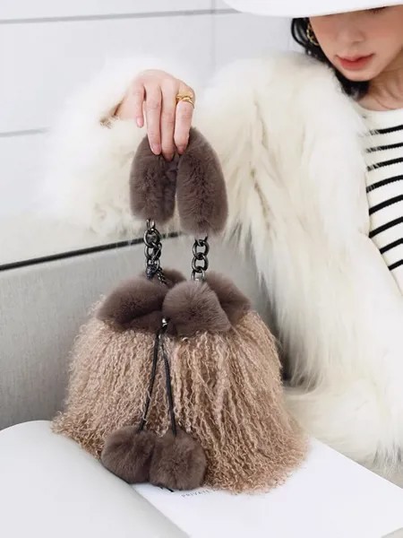 Женская сумка из натурального меха монгольской овцы, сумка-мешок из натурального меха ягненка на запястье с ручкой из кролика рекс