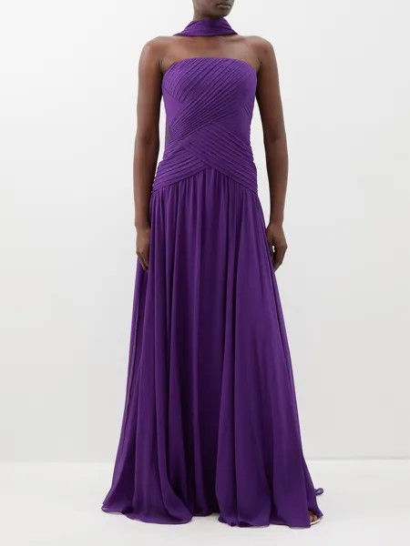 Плиссированное платье без бретелек из смесового шелка Elie Saab, фиолетовый