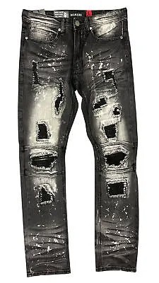 Мужские черные рваные джинсы Makobi с черным пэчворком