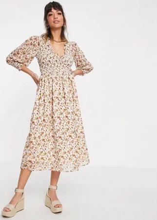 Кремовое свободное платье миди с гофрированными манжетами и цветочным принтом ASOS DESIGN-Многоцветный