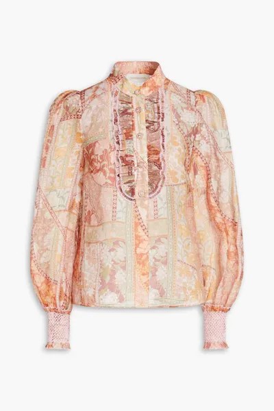 Блуза из льна и органзы с рюшами и цветочным принтом ZIMMERMANN, персиковый