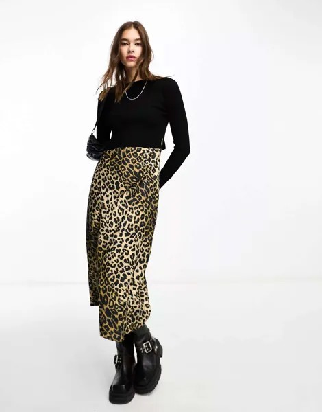 Черное платье-комбинация и джемпер миди с леопардовым принтом AllSaints Hera 2-в-1