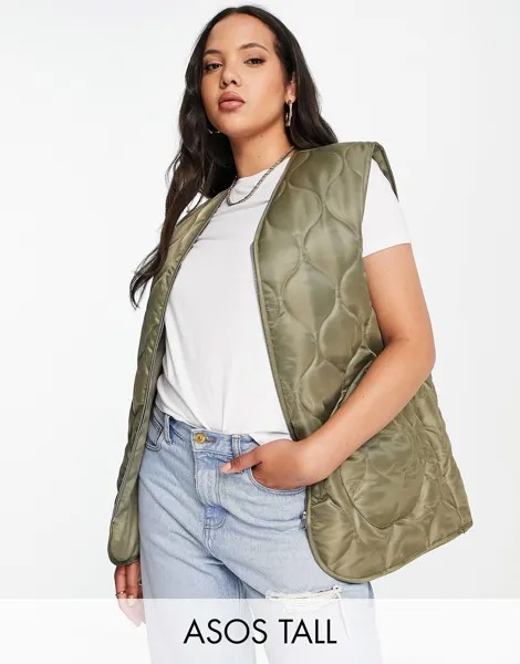 Стеганый жилет цвета хаки из нейлона с луком ASOS DESIGN Tall