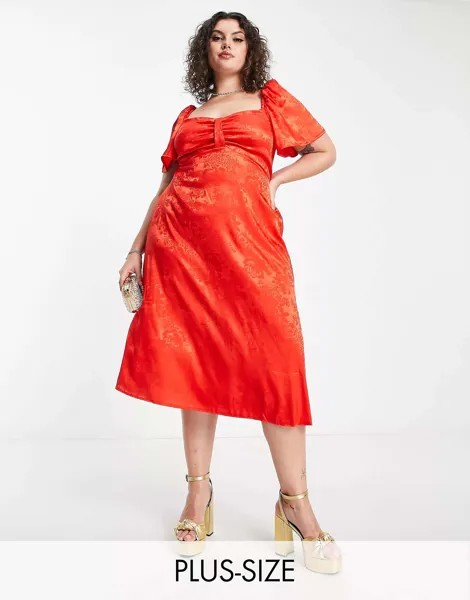 Атласное платье миди с развевающимися рукавами и воланами London Plus красного жаккардового цвета Flounce London