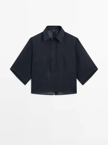 Рубашка-Поло из 100% льна Massimo Dutti, синий