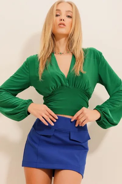 Женская зеленая укороченная блузка песочного цвета с v-образным вырезом спереди и на талии ALC-X7745 Trend Alaçatı Stili, зеленый