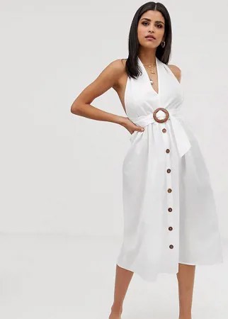 Сарафан миди из ткани с добавлением льна на пуговицах ASOS DESIGN Tall-Белый