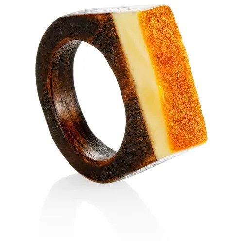 Amberholl Оригинальное кольцо из дерева с кусочком натурального балтийского медового янтаря «Индонезия»