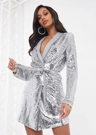 Серебристое платье-пиджак с пайетками Unique 21-Серебряный