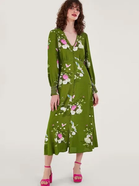 Чайное платье миди Monsoon Drew с цветочным принтом, зеленый