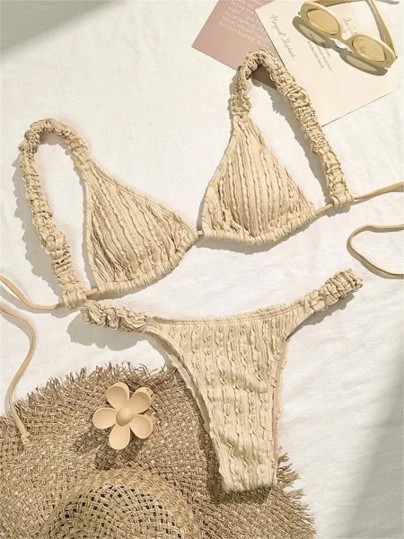 SHEIN Swim предлагает текстурированные комплекты праздничных купальников-бикини, купальники, пляжные купальники, абрикосовый цвет