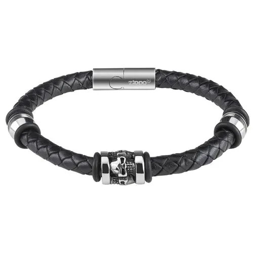 Браслет ZIPPO Three Charms Leather Bracelet, с шармами, чёрный, кожа/нержавеющая сталь, 20 см