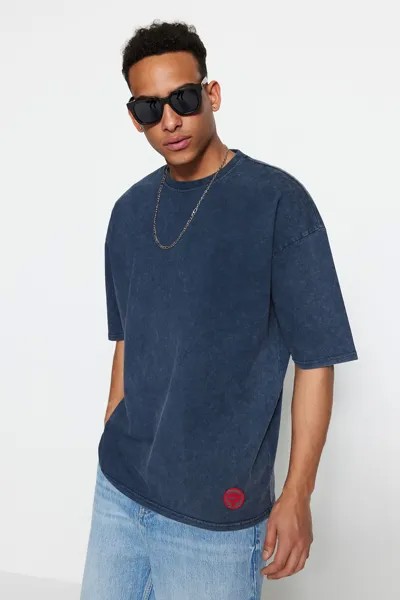 Ограниченная серия, мужская футболка оверсайз/широкого кроя цвета индиго в винтажном стиле/с выцветшим эффектом, с маркировкой, плотная футболка из 100% хлопка Trendyol, синий