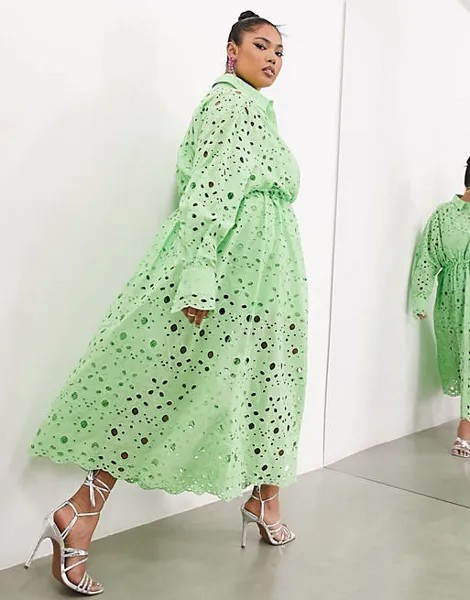 Ярко-зеленое платье-рубашка миди с длинными рукавами и кулиской ASOS EDITION Curve