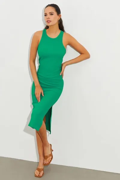 Женское зеленое базовое платье миди без рукавов с разрезом KSD2982 Cool & Sexy, зеленый