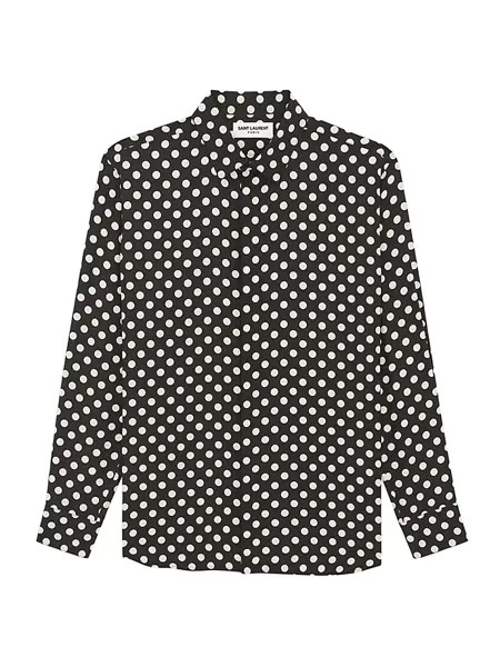 Рубашка с воротником Yves из матового и блестящего шелка в горошек Saint Laurent, черный