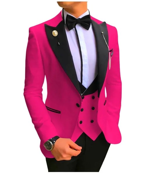 Мужские костюмы на одной пуговице, ярко-розовые и Черные смокинги для жениха с пиковым лацканом, мужские свадебные костюмы из 3 предметов (пи...